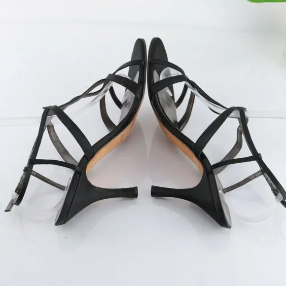 Faconnable Womens Sandal Size 10 Black Satin Strappy Caged High Heel Dress Shoe - Picture 9 of 12